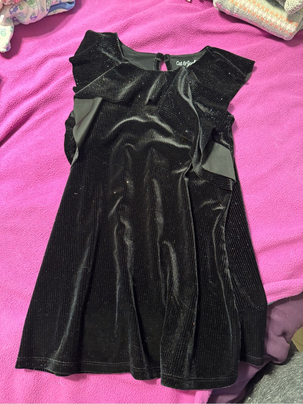 Cat & Jack Black Velvet Sparkle Ruffle Shoulder Dress